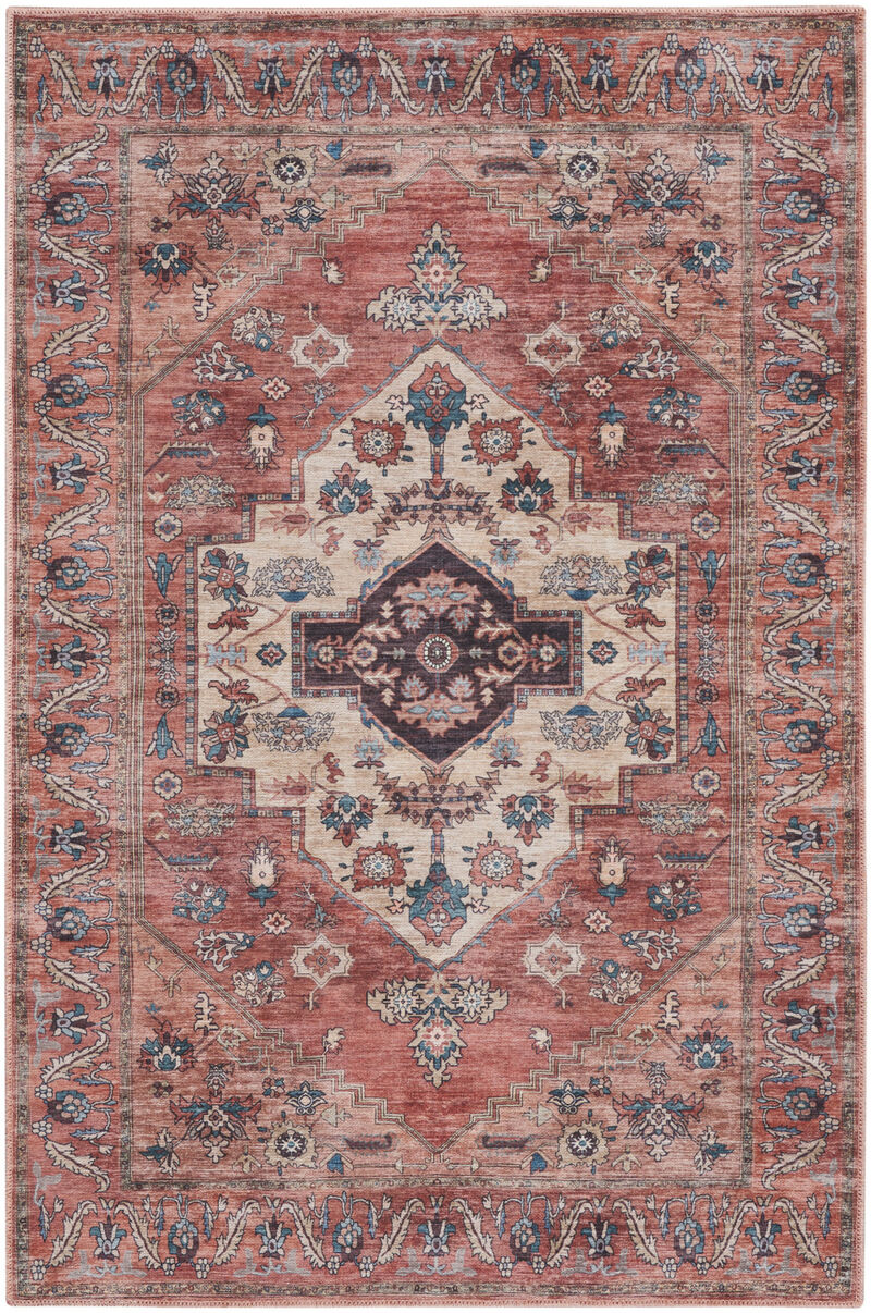 4 x 6 Blue and Red Oriental Power Loom Distressed Washable Non Skid Area Rug