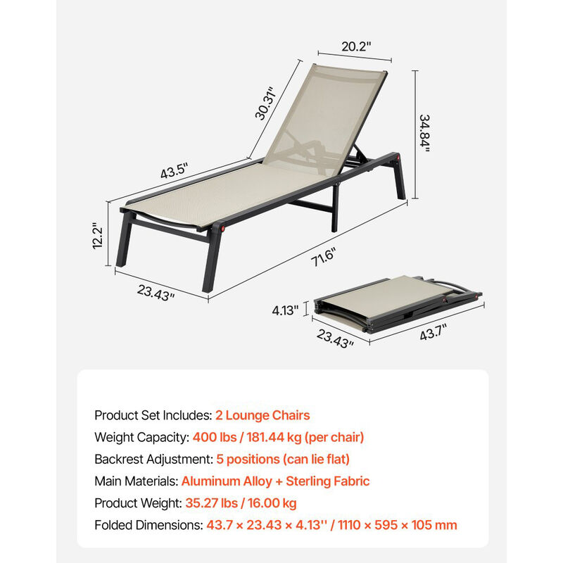 Outdoor Reclining Lounge Chairs Set of 2, Folding Sun Tanning Chairs with Adjustable Backrest-Beige image number 2
