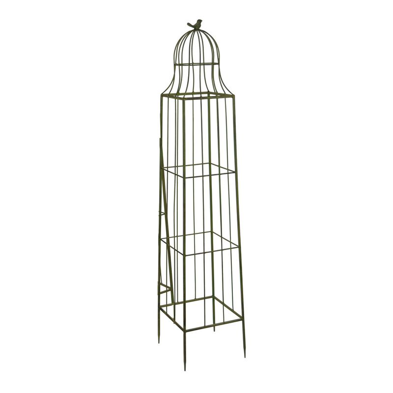 Meryl Plant Trellis Set of 2, Garden Tall Cage Design, Green Metal - Benzara