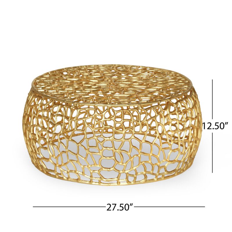 Coffee Table, 28 Inch Round Plinth Mesh Design, Open Gold Metal Frame