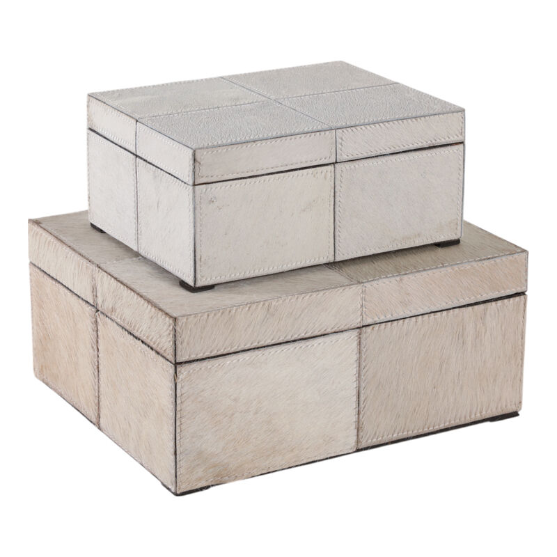 S/2 9/12" Hair On Hide Patchwork Boxes, Ivory/tan image number 5