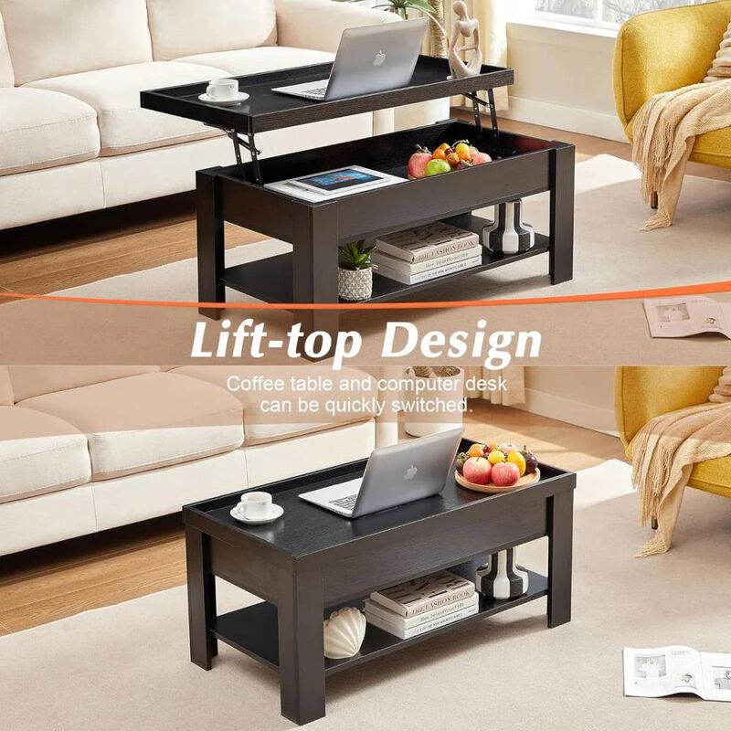 Hivvago Modern Lift Top Coffee Table Laptop Tray with Storage Shelf in Black Wood Finish
