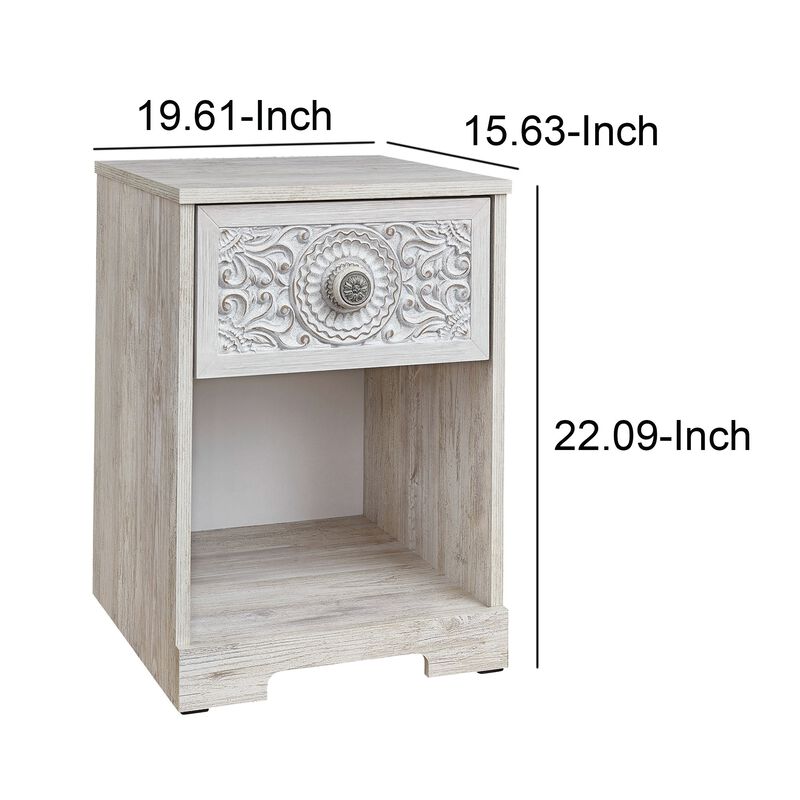 Nate 22 Inch Classic Nightstand, 1 Compartment, 1 Drawer, Antique White-Benzara