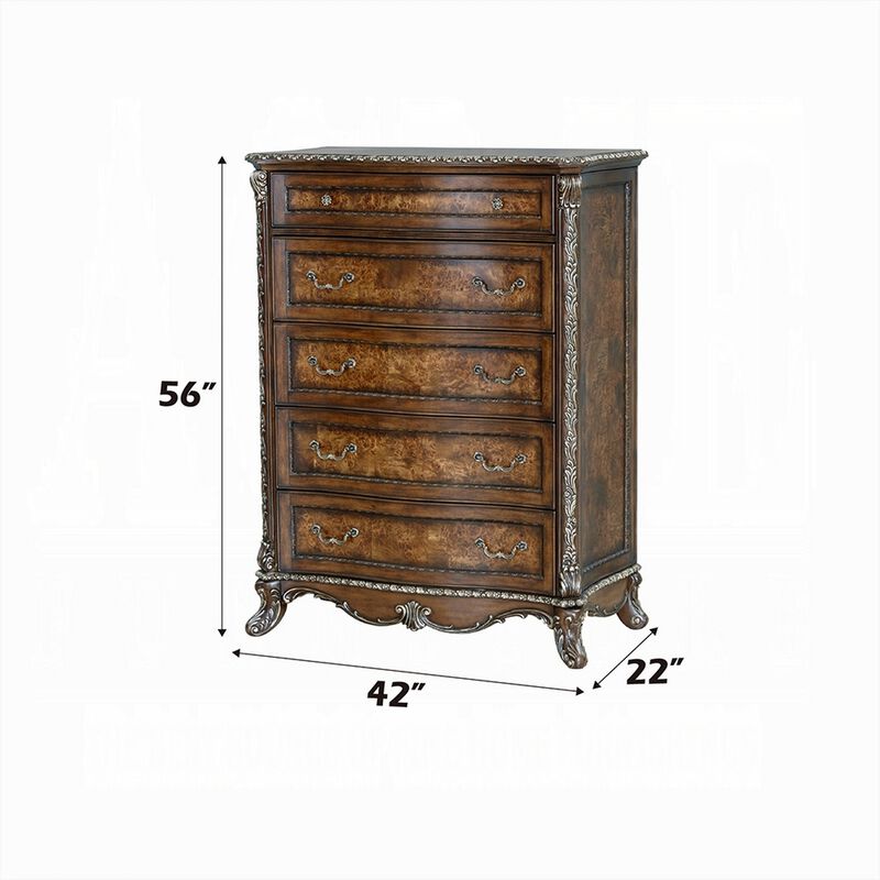 Vany Tall Dresser Chest, Traditional Floral Trim, Cherry Brown  - Benzara