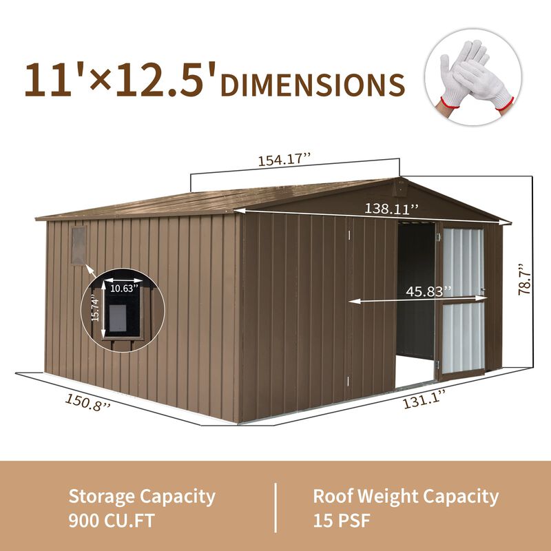 CLIHOME 11x12.5Ft Backyard Galvanized Steel Frame Storage Shed,Outdoor Metal Tool Shed Storage Room with Lockable Door image number 6