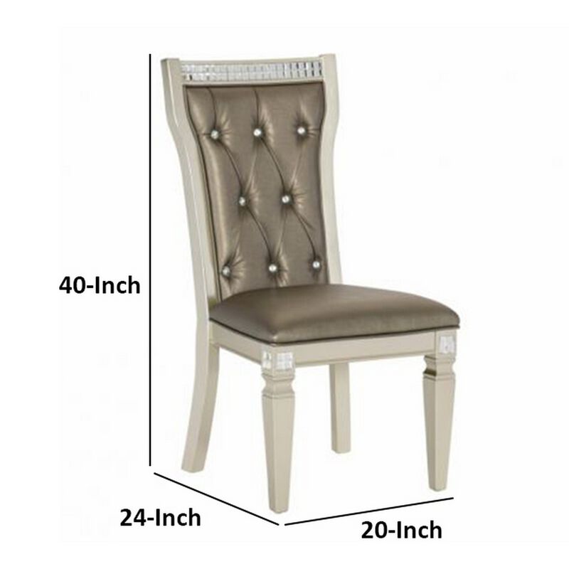 Lin 20 Inch Dining Side Chair Set of 2, Tufted Gray Faux Leather, Champagne - Benzara
