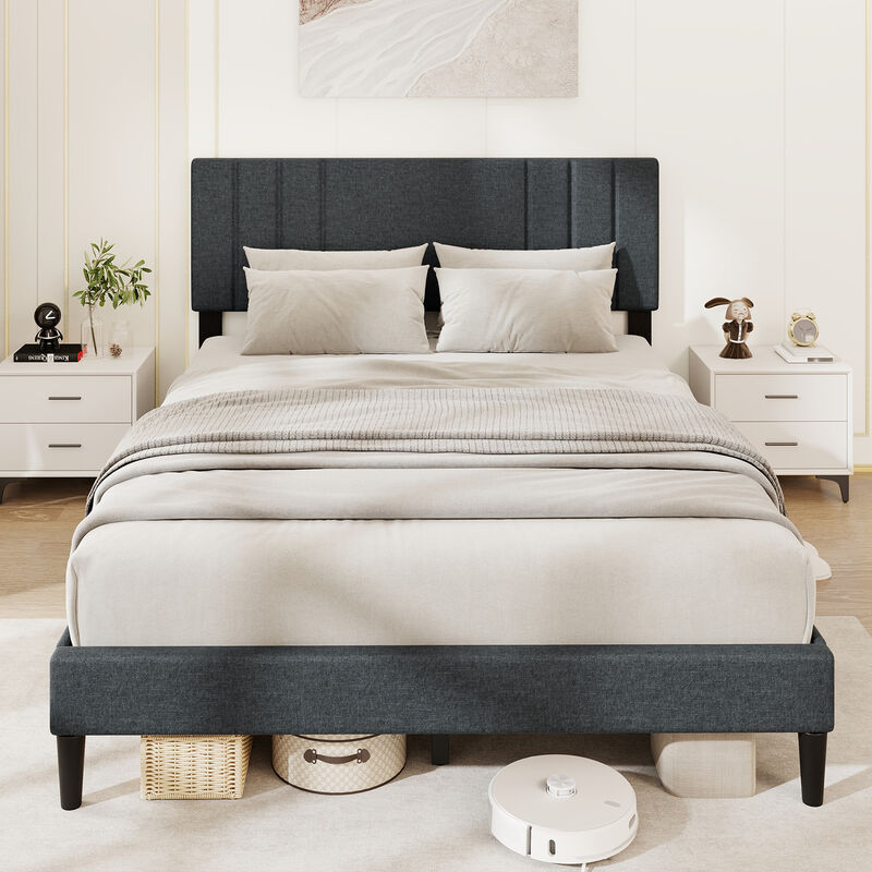 Bed Frame with Vertical Channel Tufted Headboard and Sturdy Wooden Slats