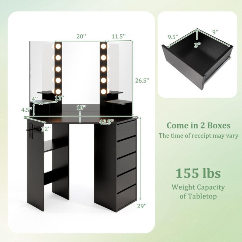 Hivvago Corner Vanity Desk with 3-Color LED Lighted Mirror and Power Outlet
