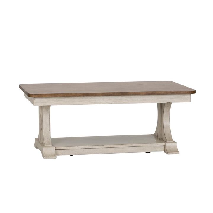 Liberty Furniture Farmhouse Reimagined Rectangular Cocktail Table in Antique White w/ Chestnut Top
