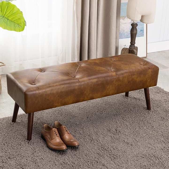 Hivvago Mid-Century Bed Bench with Dark Brown Leather Upholstered Seat Solid Wood Legs