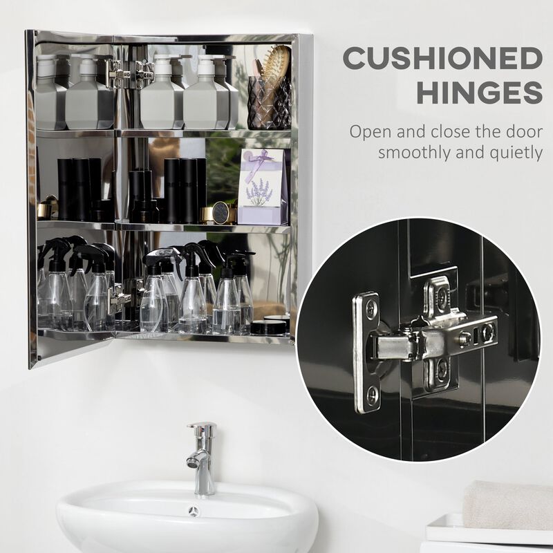 Silver Bathroom Storage: Mirrored Wall Cabinet with 3-Tier Shelves
