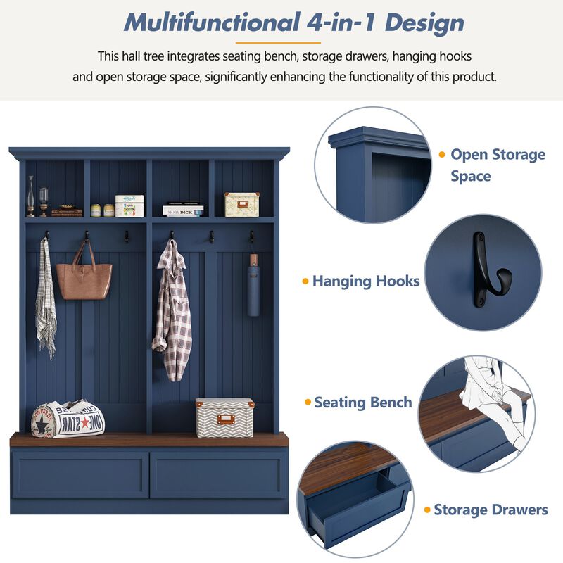 Clihome Farmhouse 4-in-1 Hall Tree with Wood Grain Bench with 2 Large Drawer for Hallway image number 2
