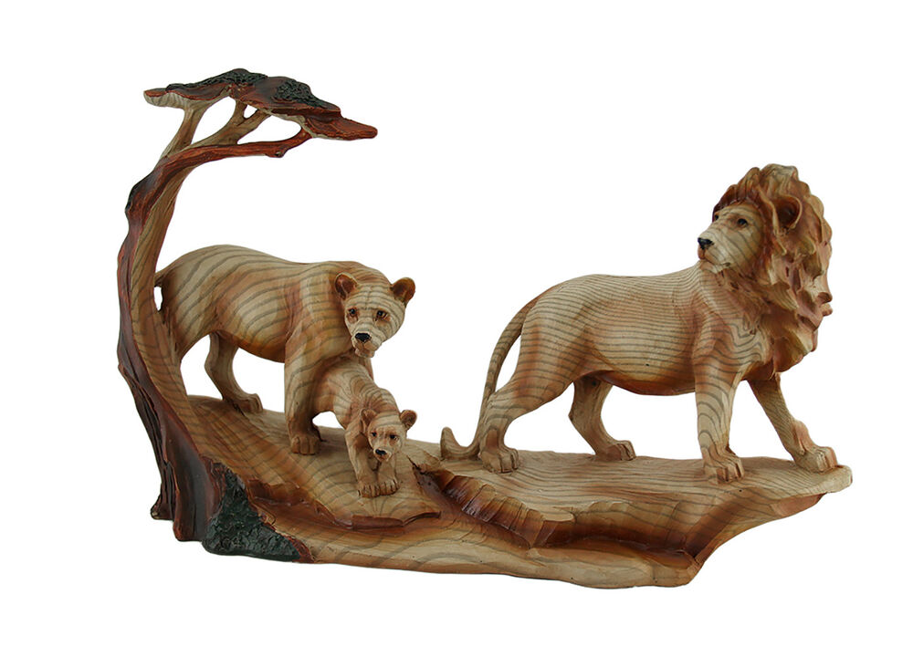 African Lion Family Carved Wood Look Resin Statue