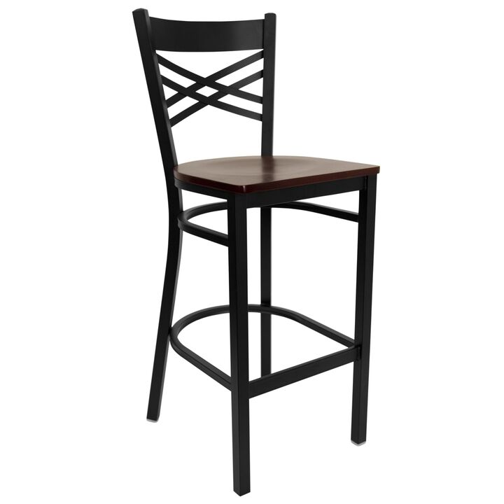 Flash Furniture HERCULES Series Black ''X'' Back Metal Restaurant Barstool - Mahogany Wood Seat