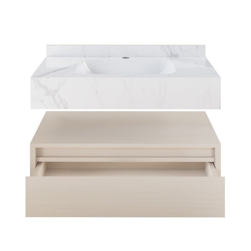Avancer 36" Wall-Mounted Bathroom Vanity in White Oak with White Marble Sink Top image number 9