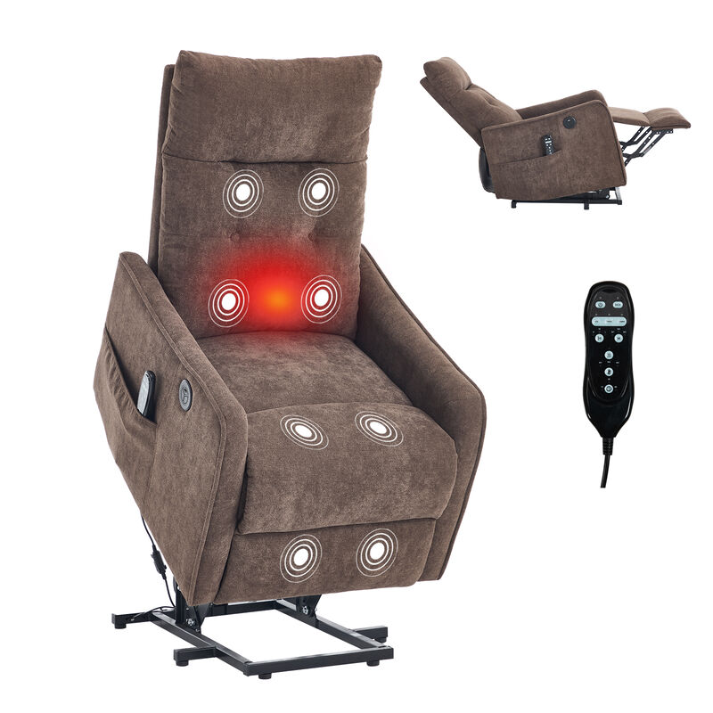 Chenille Single Motor Power Lift Recliner Chair with Heat Massage and USB Charging for Elderly