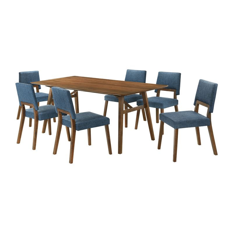 Yumi 7 Piece Dining Table Set with 6 Chairs, Blue Fabric, Wood Brown - Benzara