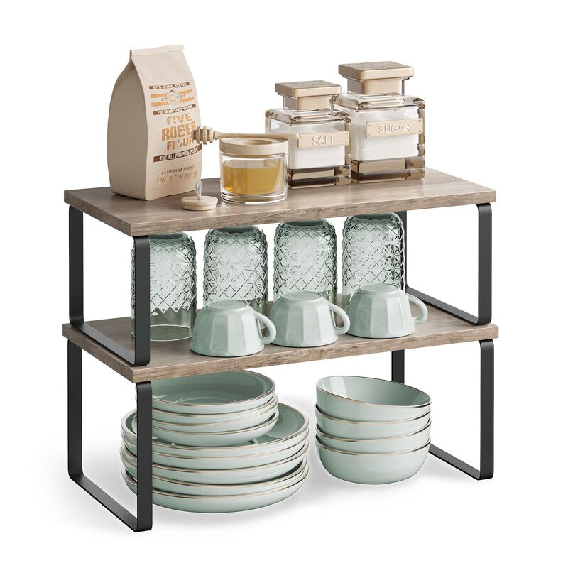 Set of 2 Cabinet Shelf Organizers Stackable, Expandable Metal and Bamboo Kitchen Counter Shelves