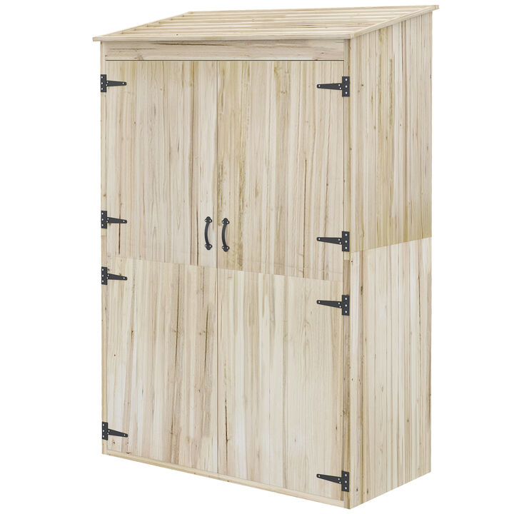Outsunny Outdoor Storage Cabinet with 3 Shelves, Wooden Garden Shed with Magnetic Double Doors, Tall Vertical Tool Storage for Lawn Care Equipment, 47.25" x 22.5" x 72", Natural