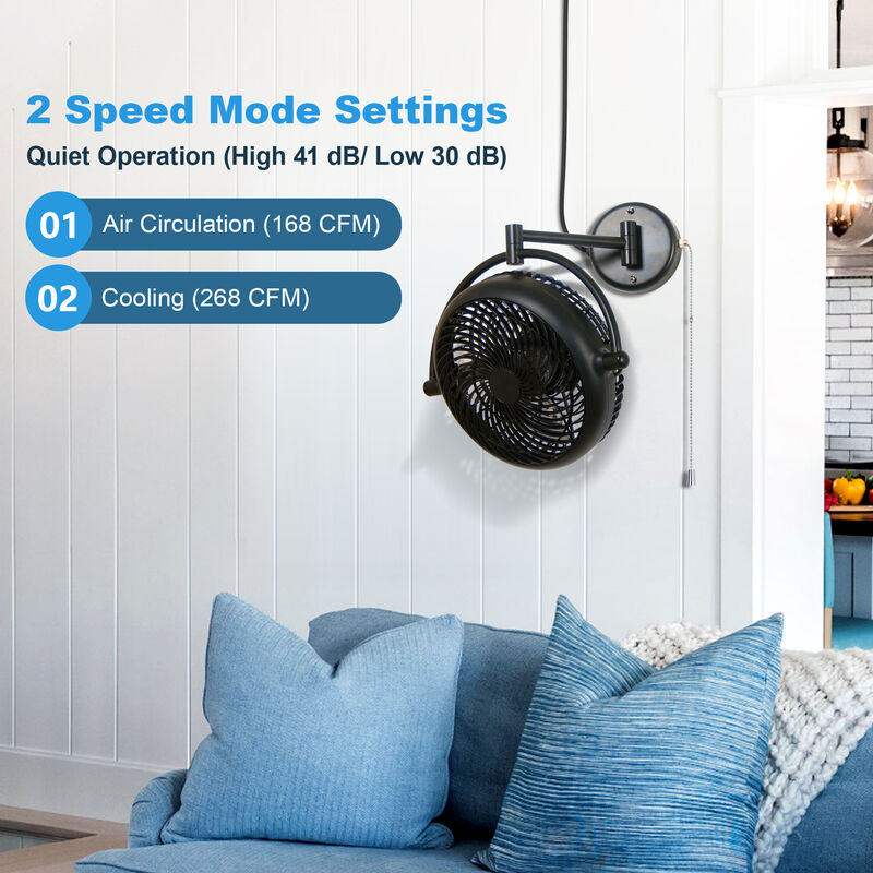 12.9 in. Black 2-Speed Wall Mount Fan with Pull Chain and Plug
