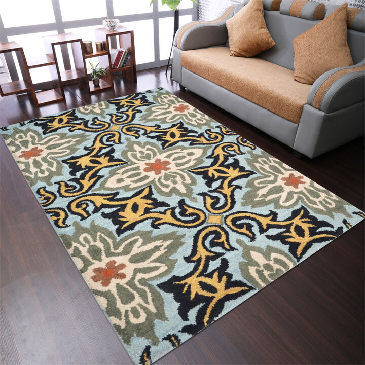 RUGSOTIC CARPETS HAND TUFTED WOOL ECO-FRIENDLY AREA RUGS  - Blue, Floral Modern Design, High Pile Thick Handmade Anti Skid Area Rugs for Living Room, Bed Room (K00722)