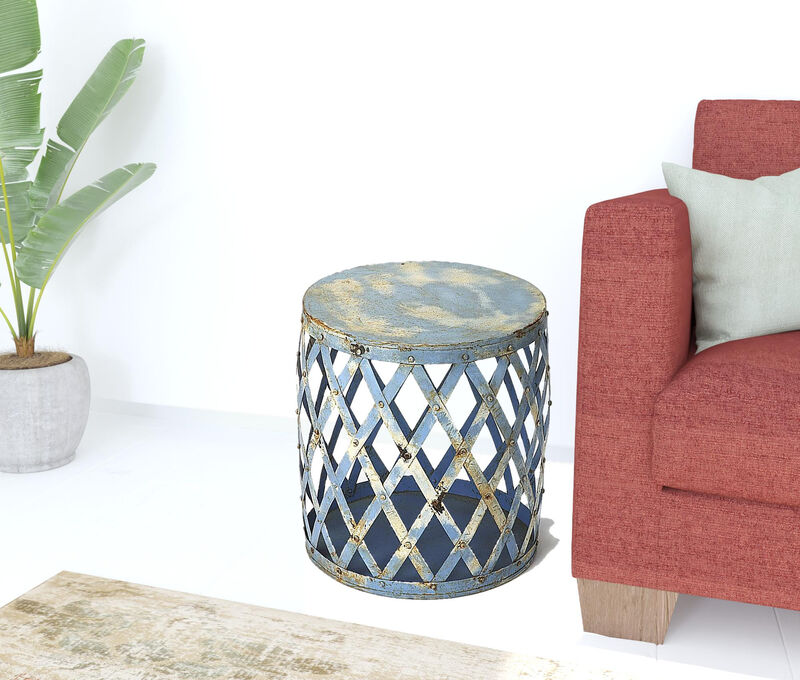 Hivvago 17 Inch Rustic Blue Iron Lattice Round Top End Table
