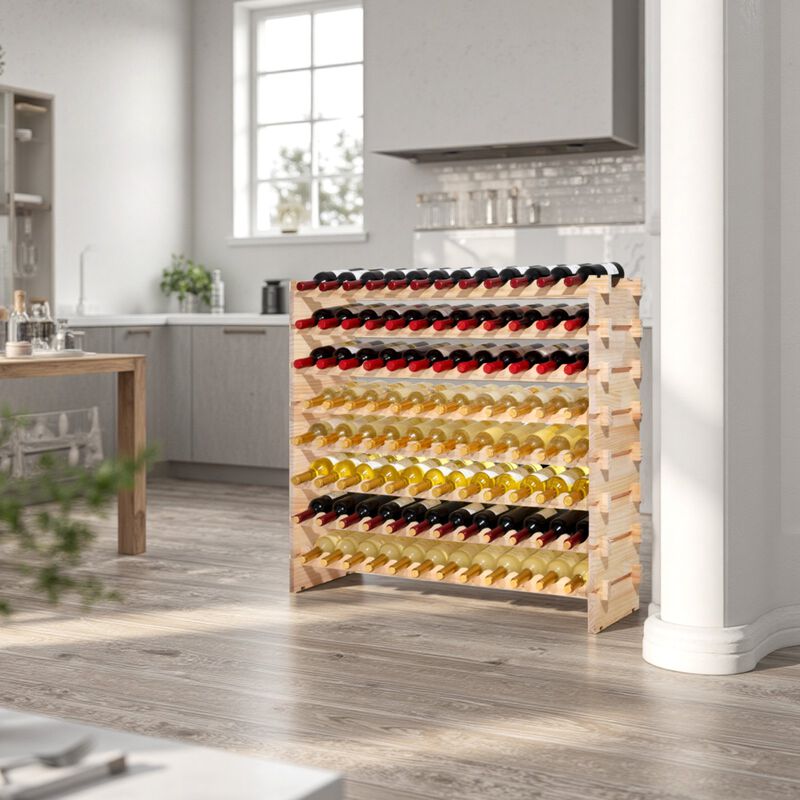 Stackable 96 Bottle Wine Rack with 8 Tiers for Kitchen, Cellar and Bar-Natural image number 1