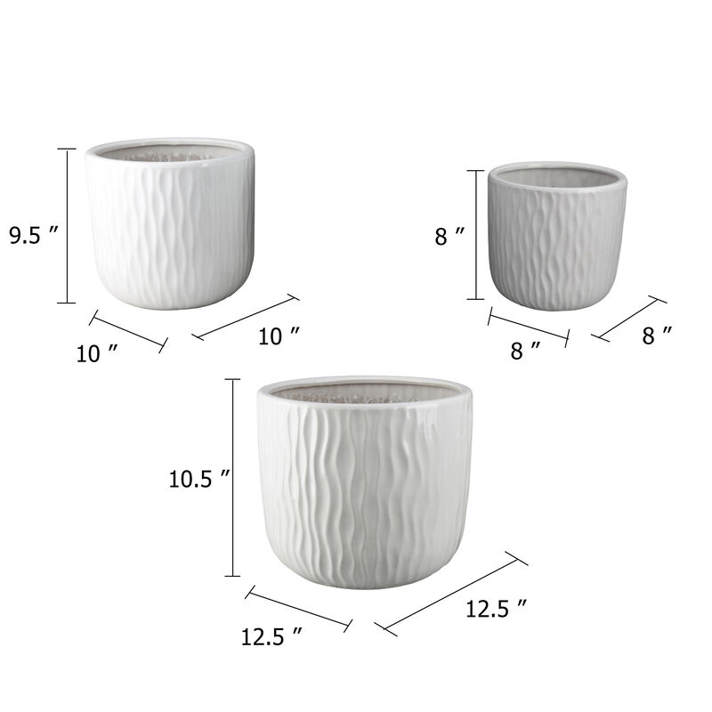Kena Planter Set of 3, White Ceramic, Wave Texture Indoor, 13 10 8 Inch image number 5