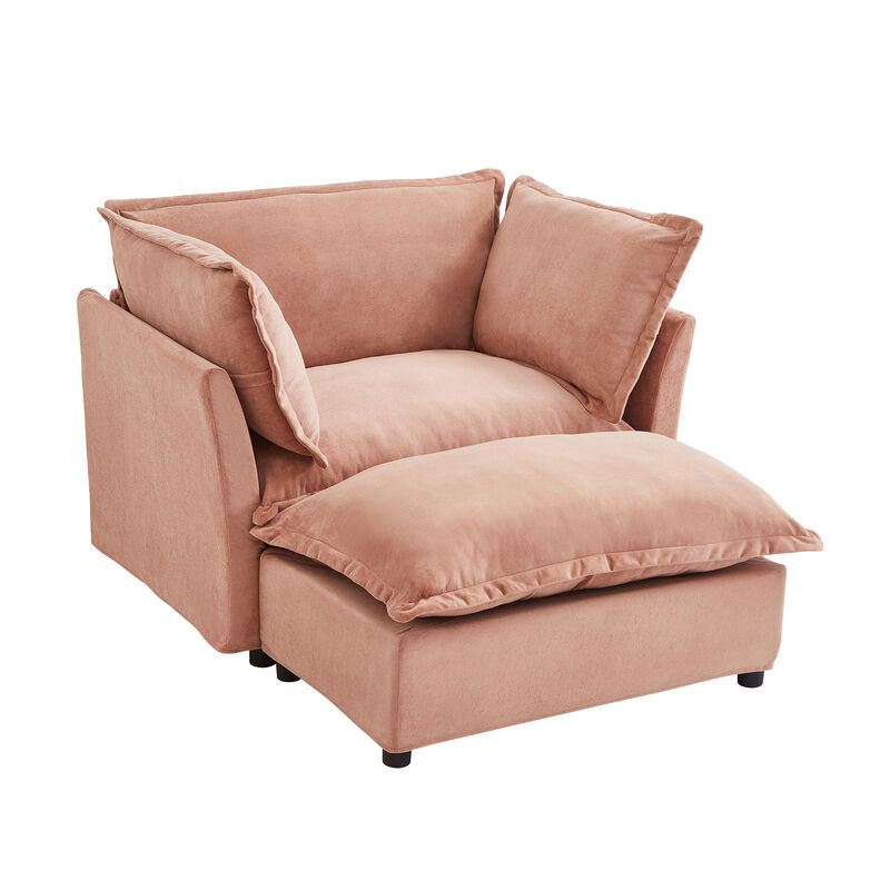 Modern Armchair Sofa Cozy Upholstered Sofa Chair with Movable Ottoman, Wide Seat, Curved Armrests and Soft Pillows