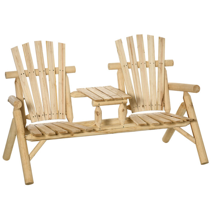 Outsunny 2-Seat Wooden Adirondack Chair, Patio Bench with Table, Outdoor Loveseat Fire Pit Chair for Porch, Backyard, Deck, Natural