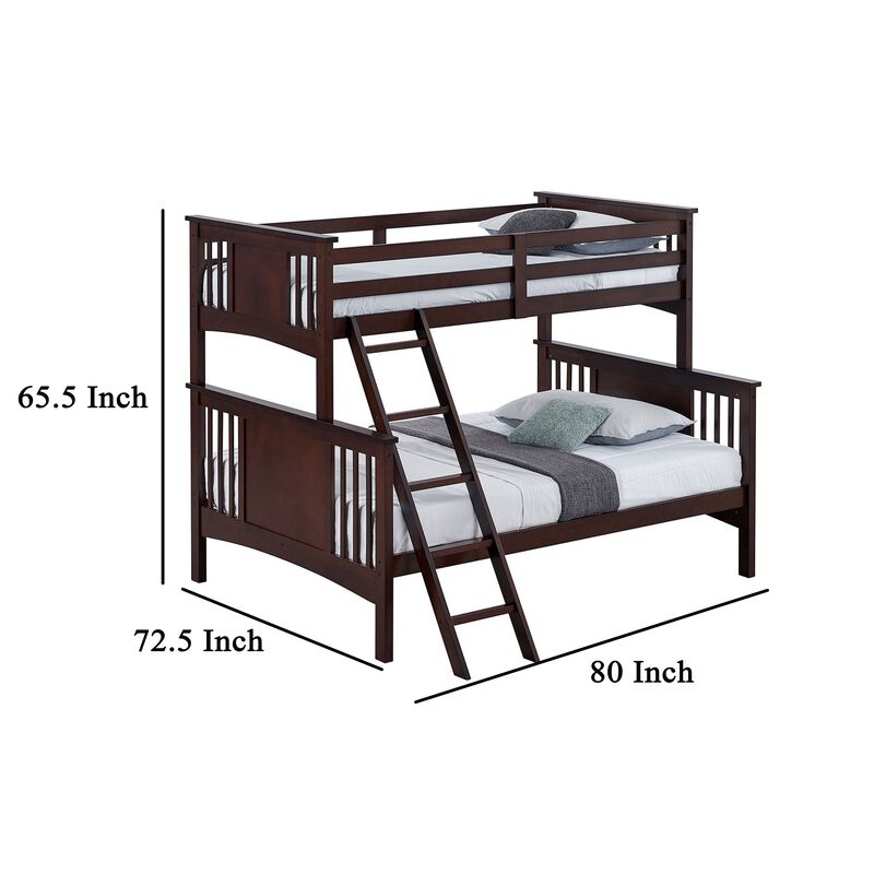 Ricky Twin Over Full Bunk Bed, Angled Ladder, Dark Brown Solid Hardwood