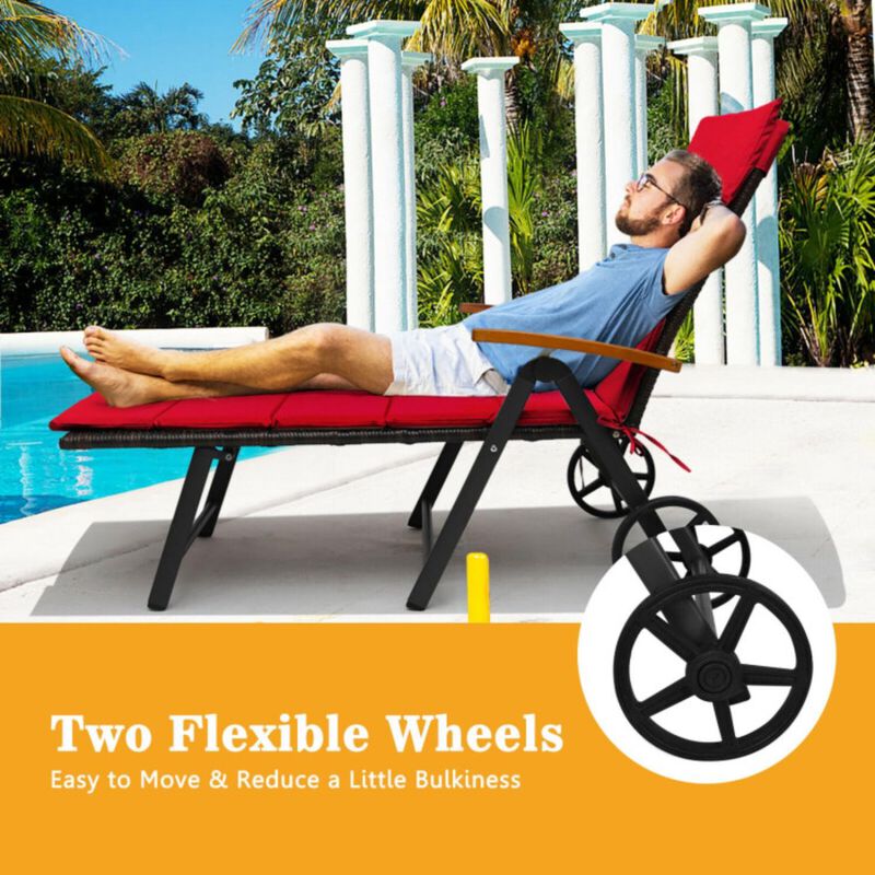 Hivvago Folding Patio Rattan Lounge Chair with Wheels