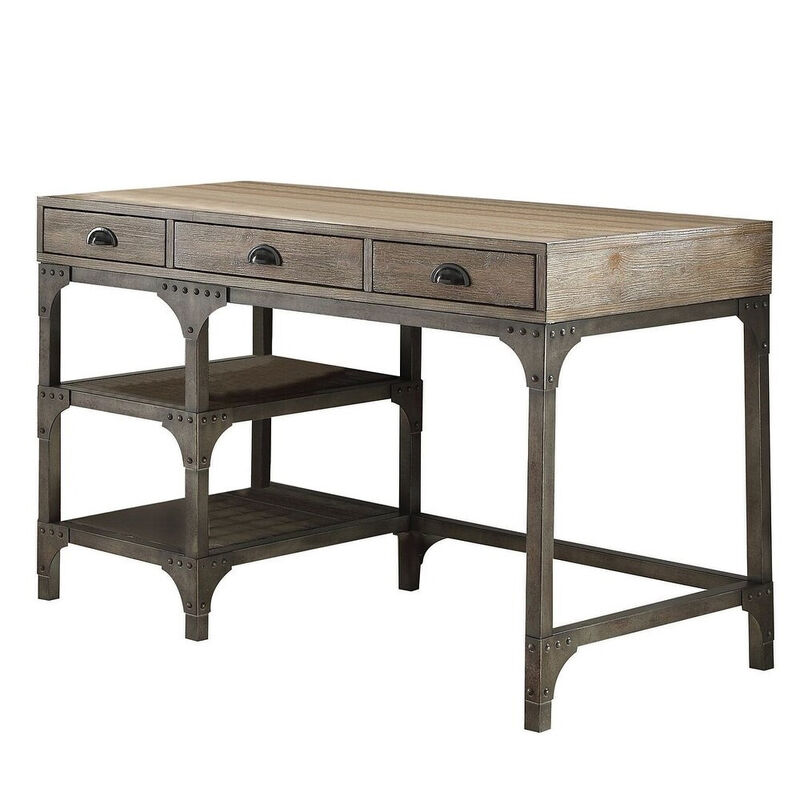 Wood And Metal Desk With Three Drawers And Two Side Shelves, Oak Brown And Gray image number 0