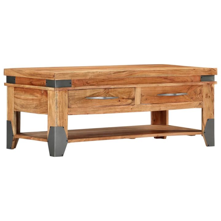 vidaXL Solid Acacia Wood Coffee Table - Natural Finish, with Drawers and Shelf, Polished and Lacquered - Perfect for Living Room, Durable Construction