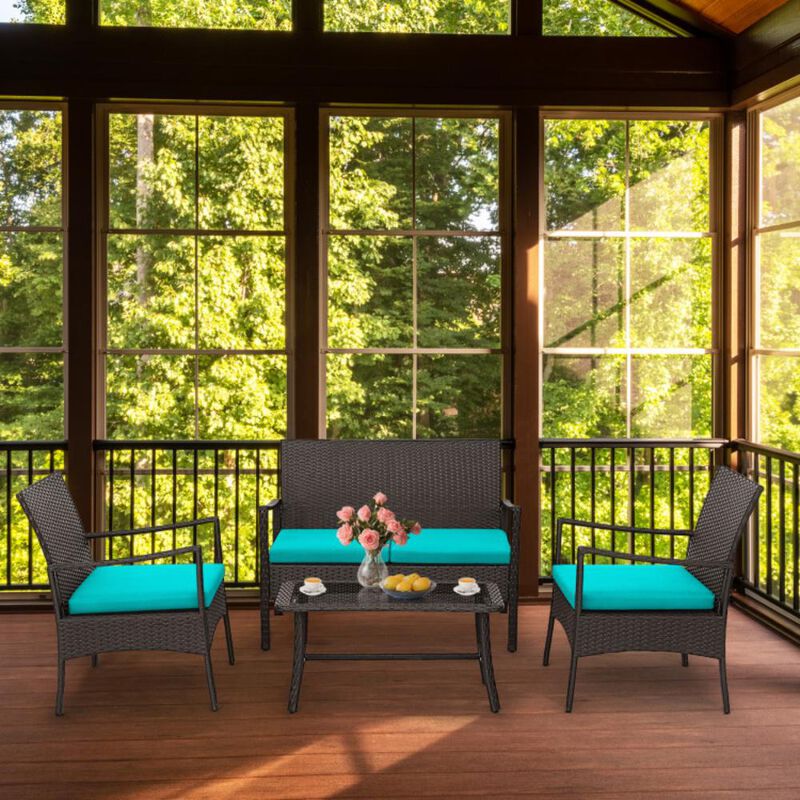 Hivvago 4 Pieces Outdoor Rattan Conversation Set with Tempered Glass Coffee Table