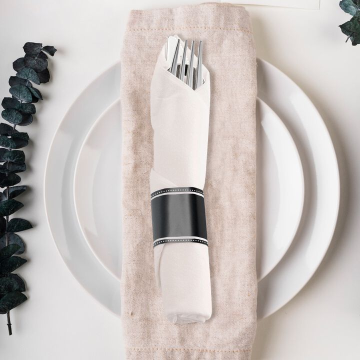Silver Plastic Cutlery in White Napkin Rolls Set (100 Sets)