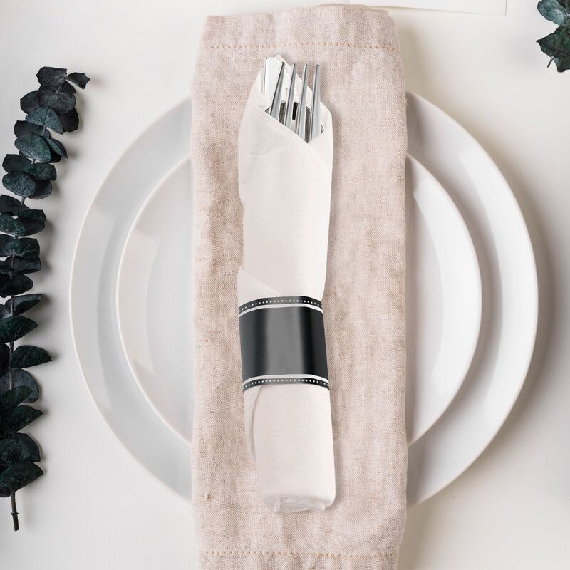 Silver Plastic Cutlery in White Napkin Rolls Set (100 Sets) image number 1