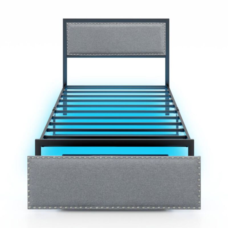 Hivvago Bed Frame with LED Lights Drawer and Metal Slats