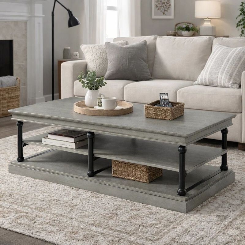 Bard Coffee Table, Veneer, 2 Tier Shelves, Metal Legs image number 8