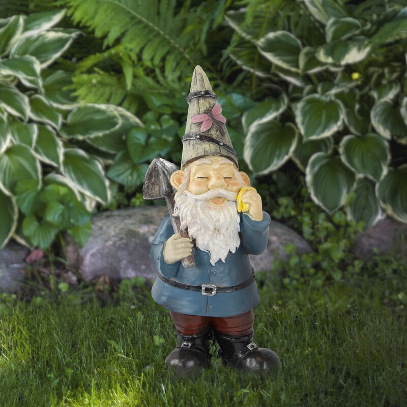Gnome with Shovel Outdoor Garden Statue - 15.25" image number 1