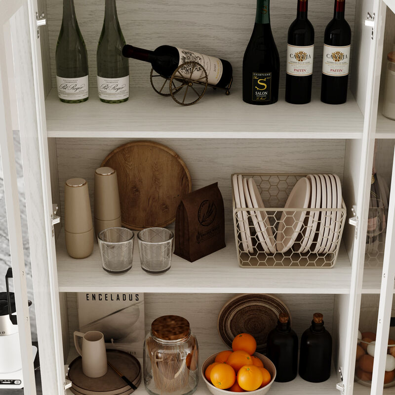 FUFU&GAGA Modern Kitchen Cabinet with 3 Glass Doors, 3 Drawers and Black Handles, (47.4 in. W x 15.7 in. D x 79.6 in. H), White