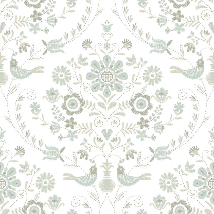 Britt Neutral Embroidered Damask Wallpaper