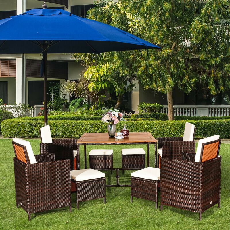 9 Piece Patio Rattan Dining Set with Cushioned Chairs for Outdoor Meals