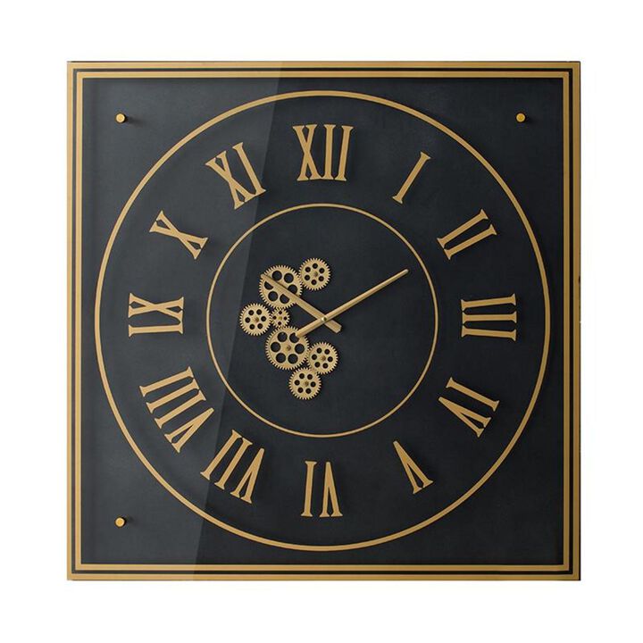 HomeRoots 35" Black And Gold Glass And Metal Exposed Gear Square Wall Clock
