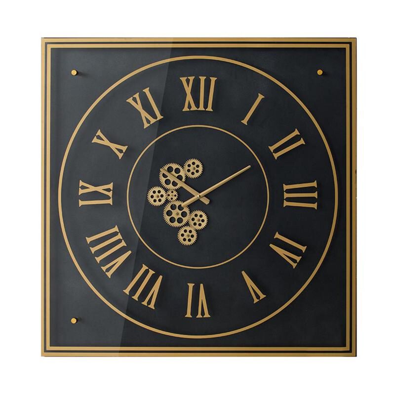 HomeRoots 35" Black And Gold Glass And Metal Exposed Gear Square Wall Clock image number 0