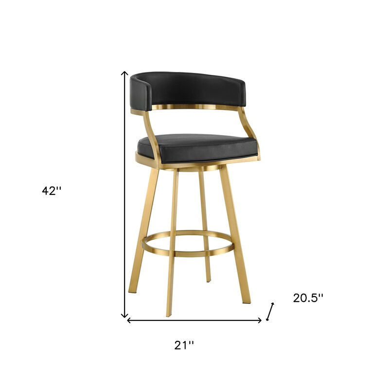 HomeRoots 30" Black and Gold Faux Leather and Stainless Steel Low Back Bar Height Swivel Bar Chair image number 6