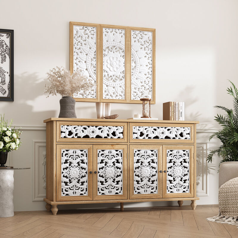 FUFU&GAGA Vintage Style Storage Cabinet with White Hollowed-Out Carved Drawers and Doors, Matching Wall Panel Frame, Painted and Clear Finish with Antique Hardware, (59.1 in. W x 15.7 in. D x 35.4 in. H), Wood and White