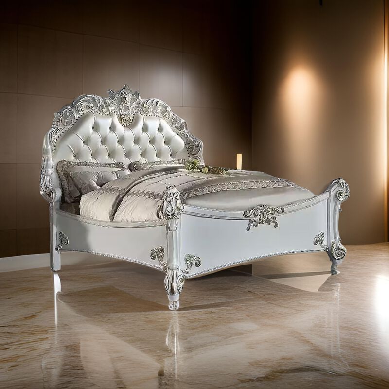 Antoine California King Bed, Pearl White Faux Leather Victorian Carved - Benzara