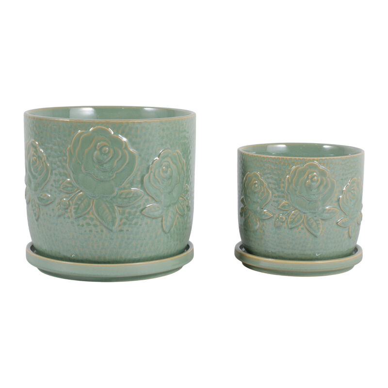 S/2 6/8" Rose Embossed Saucer Planters, Sage Green image number 4