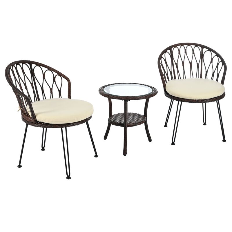 Mondawe 2 Pieces Outdoor Table And Chair Set,W/ Rattan Chairs And Round Glass Table Patio Garden Set
